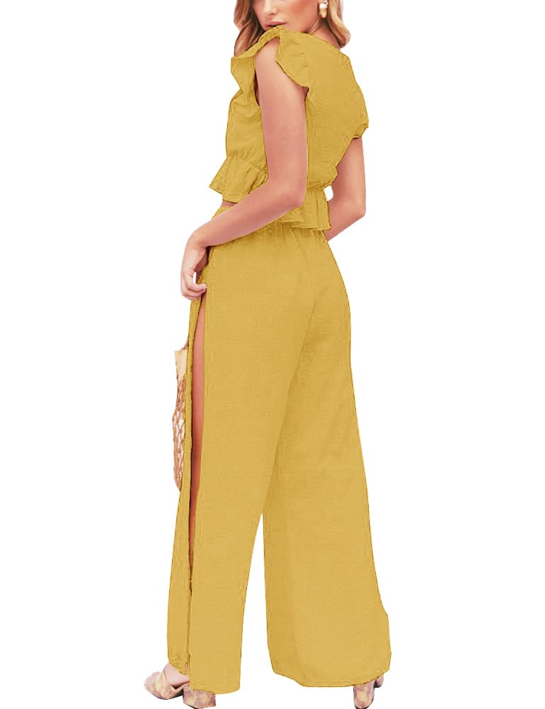 FANCYINN Womens 2 Pieces Outfits Deep V Neck Crop Top Side Slit Drawstring Wide Leg Pants Set Jumpsuits Turmeric S - Image 3